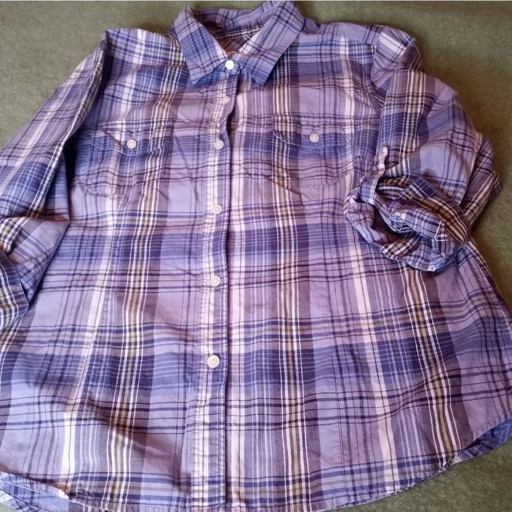 Liz & Co XL Button U Top 3/4 Sleeve Check Pockets GrayLightweight Women's Shirt.
